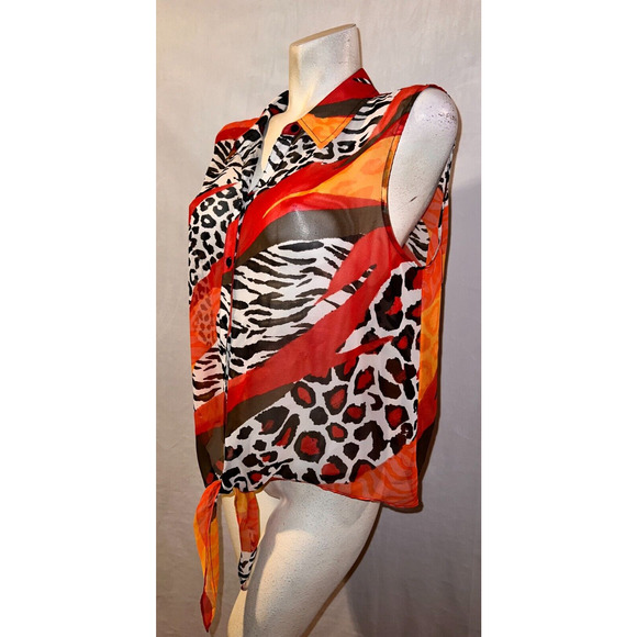 CHICO'S Top Size XL (3) Red Sheer Animal Print Button Shirt w/Strap Tie Hem - Picture 4 of 6